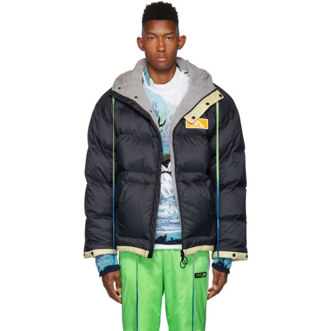 Photo: Off-White Navy and Off-White Down Scaffolding Zipped Puffer Jacket