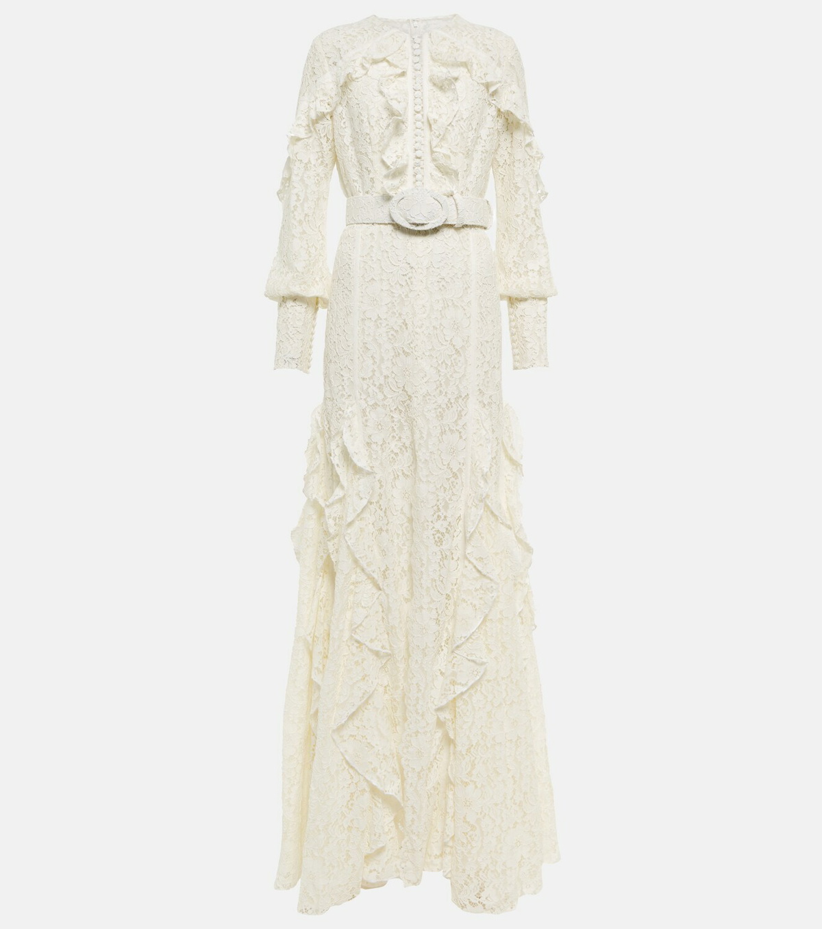 Costarellos Patrice belted ruffled lace gown Costarellos