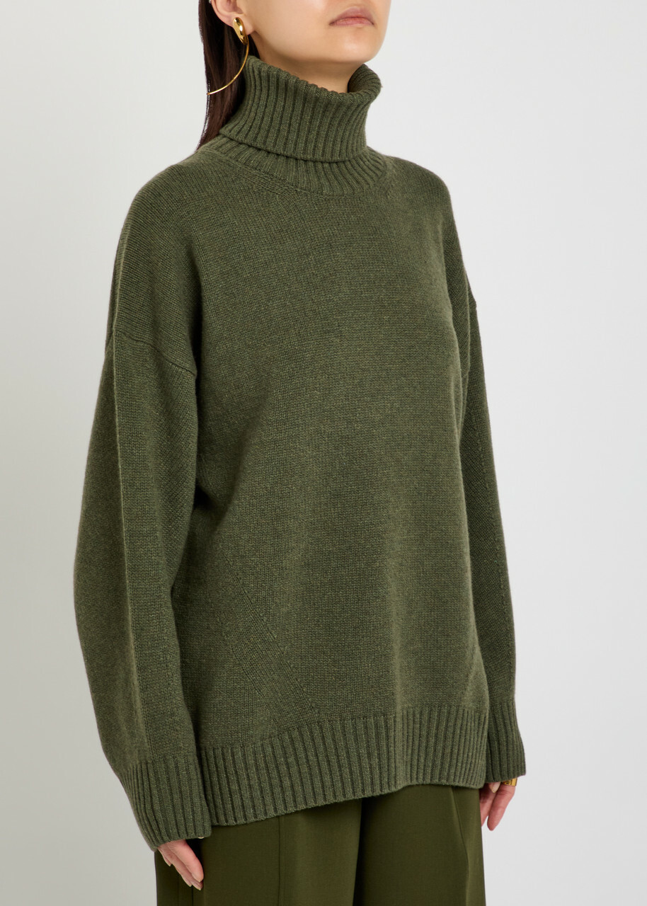 Another Tomorrow Turtle-neck Cashmere and Wool-blend Jumper Dark Green