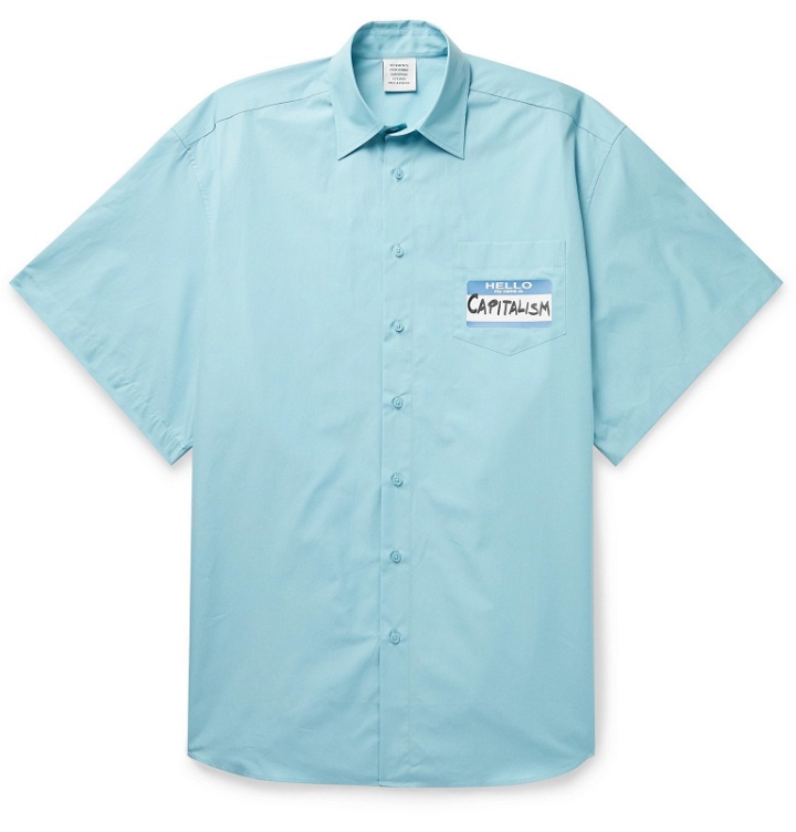 Photo: Vetements - Oversized Embellished Cotton-Poplin Shirt - Blue