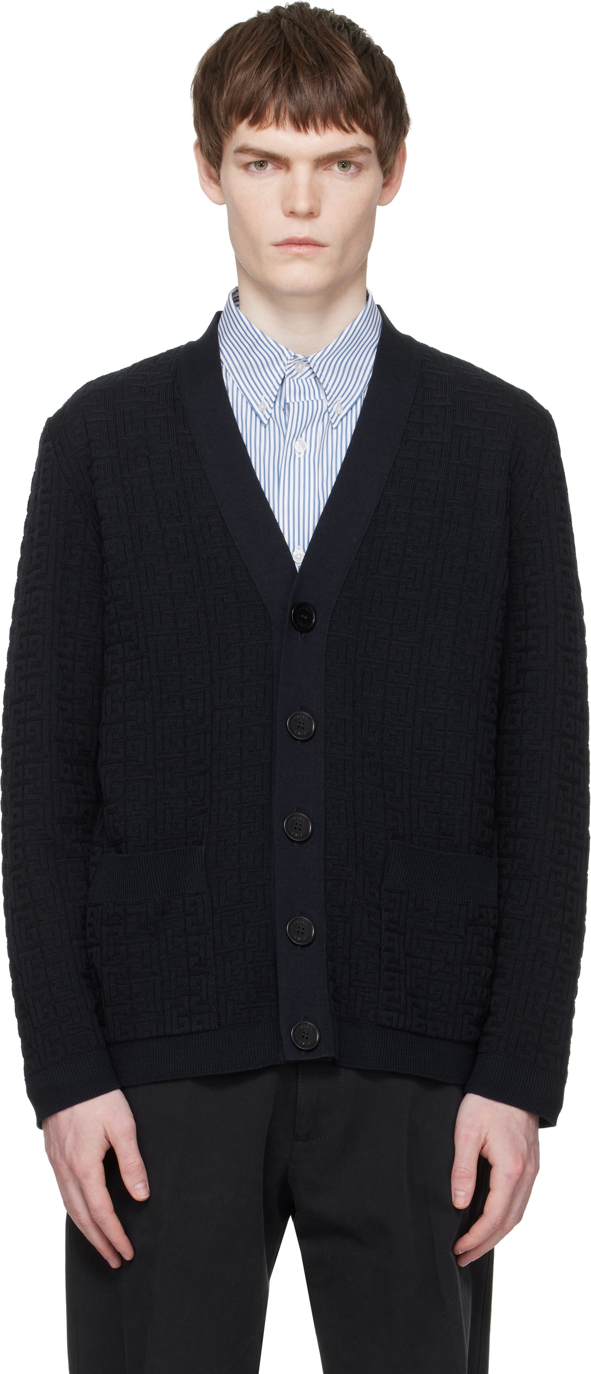 BALMAIN Navy Monogram Vanise Knit Cardigan
