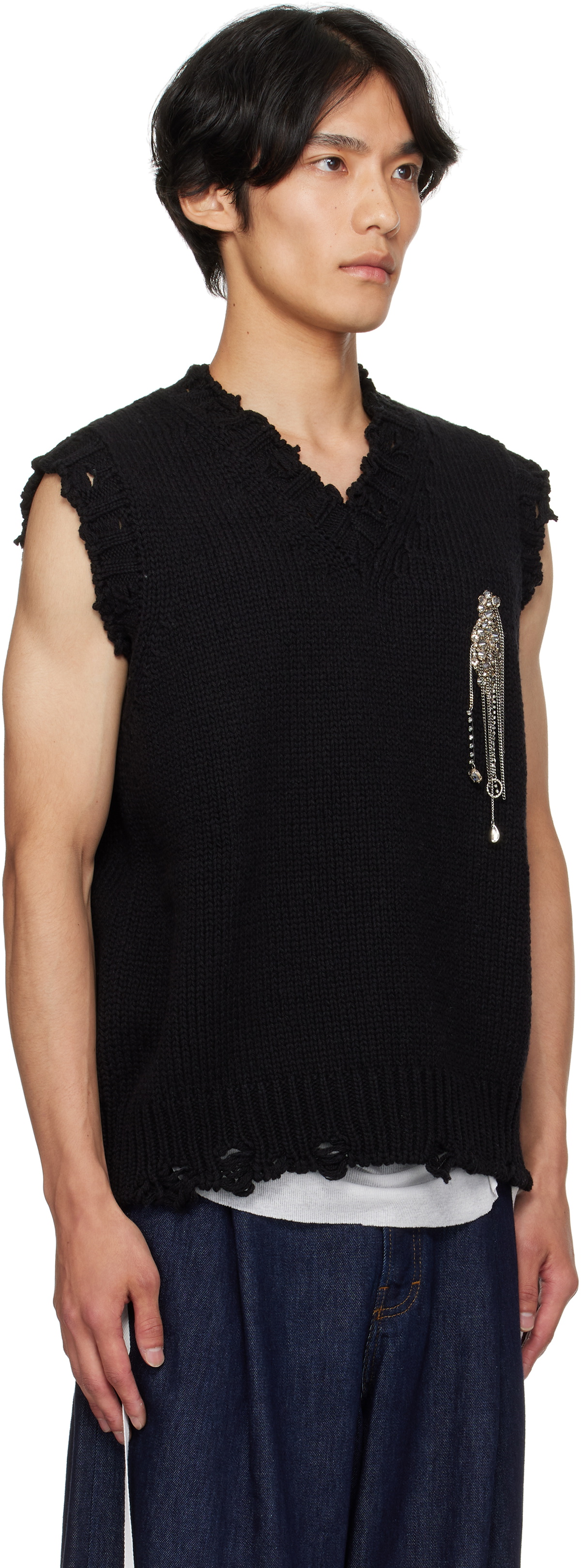 McQueen Black Patch Embroidery Distressed Vest