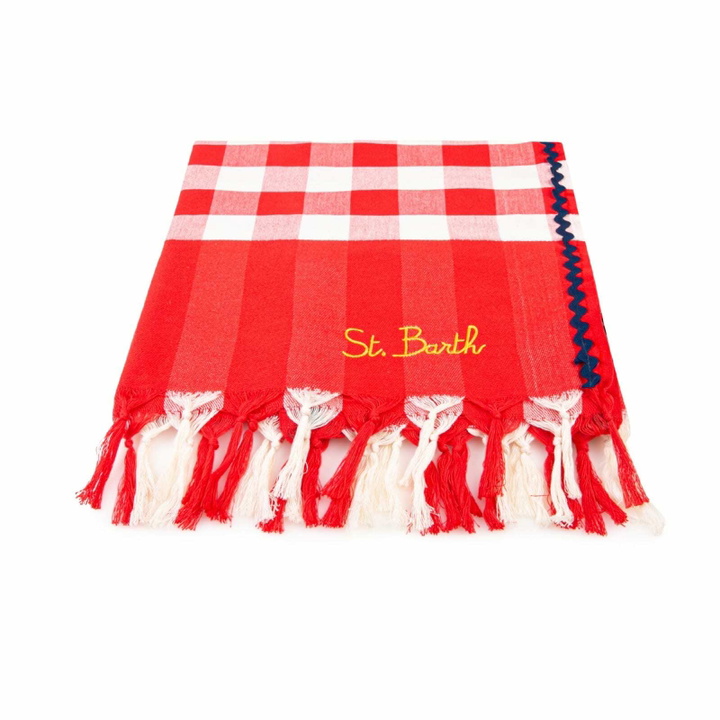 Photo: MC2 Saint Barth Fouta With Navy Blue Wave Trim And Gingham Print