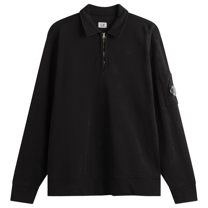 Photo: C.P. Company Men's Malfile Fleece Quarter Zip Collared Sweatshirt in Black