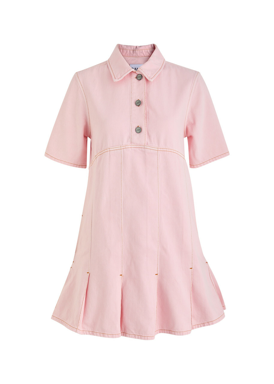 Ganni Pleated Denim Mini Dress Pink GANNI