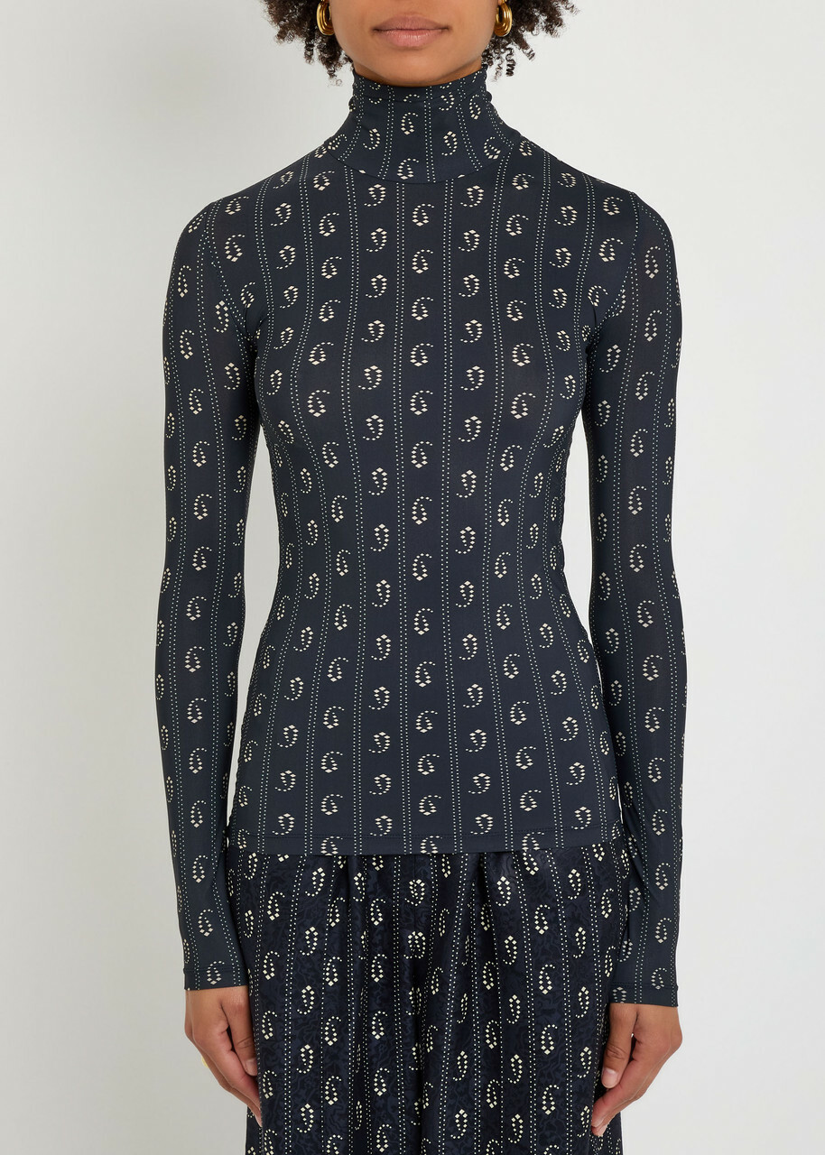 Tory Burch Printed Stretch-polyamide top Navy