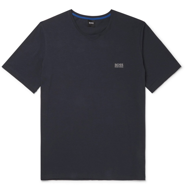 Photo: HUGO BOSS - Slim-Fit Logo-Embroidered Stretch-Cotton Jersey Pyjama T-Shirt - Blue