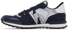 Valentino Garavani White & Navy Mesh Camouflage Rockrunner Sneakers