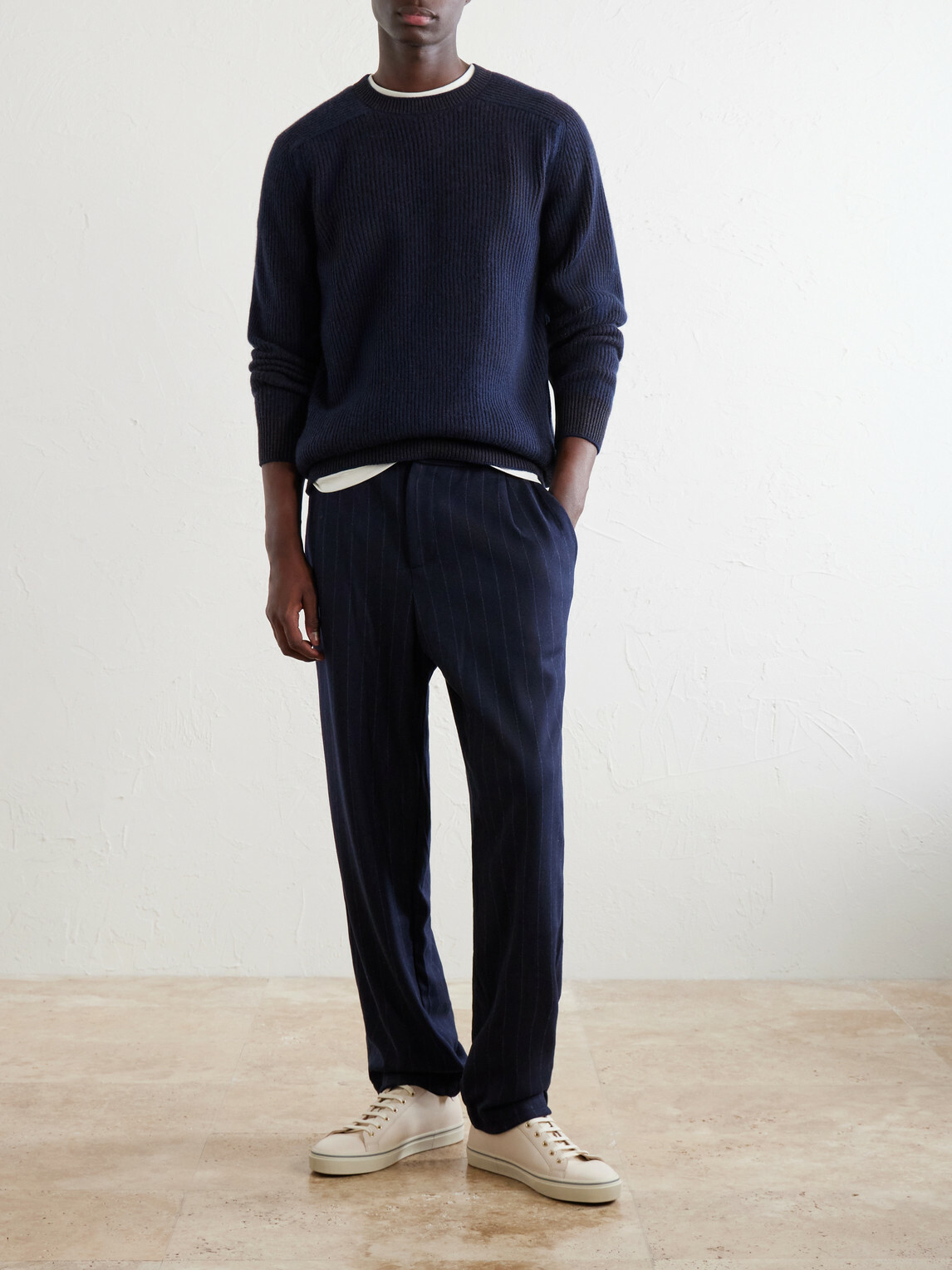 SEASE - Tapered Pinstriped Wool-Blend Trousers - Blue