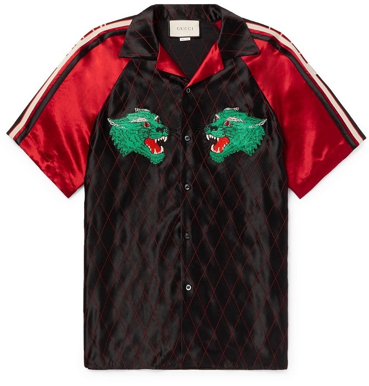 Photo: Gucci - Camp-Collar Webbing-Trimmed Appliquéd Satin Shirt - Men - Black