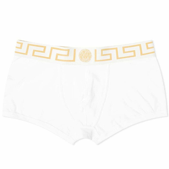 Photo: Versace Men's Greek Logo Waistband Boxer Trunk in White/Gold