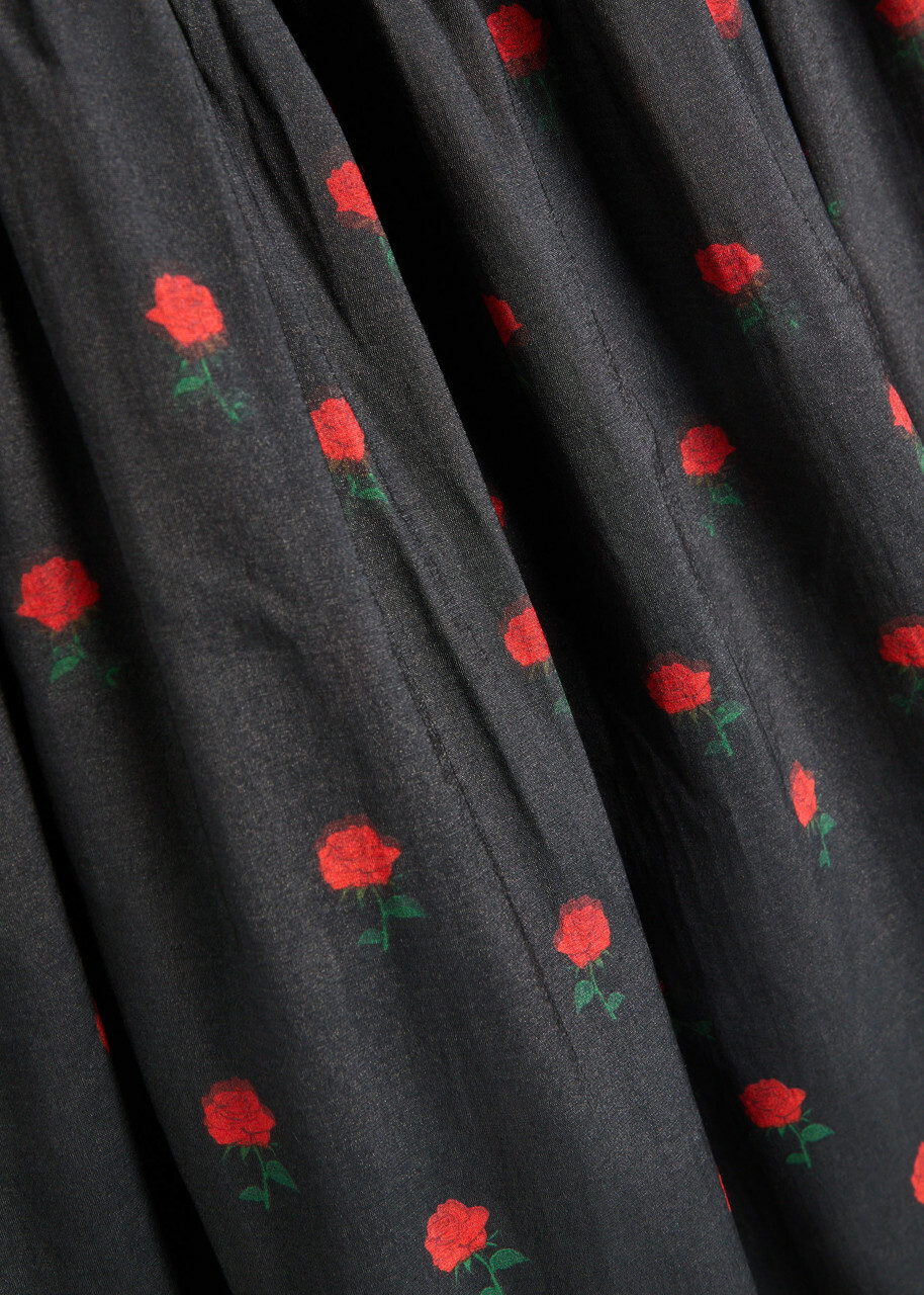 Never Fully Dressed Nara Rose-print Shirred Woven Midi Dress Black