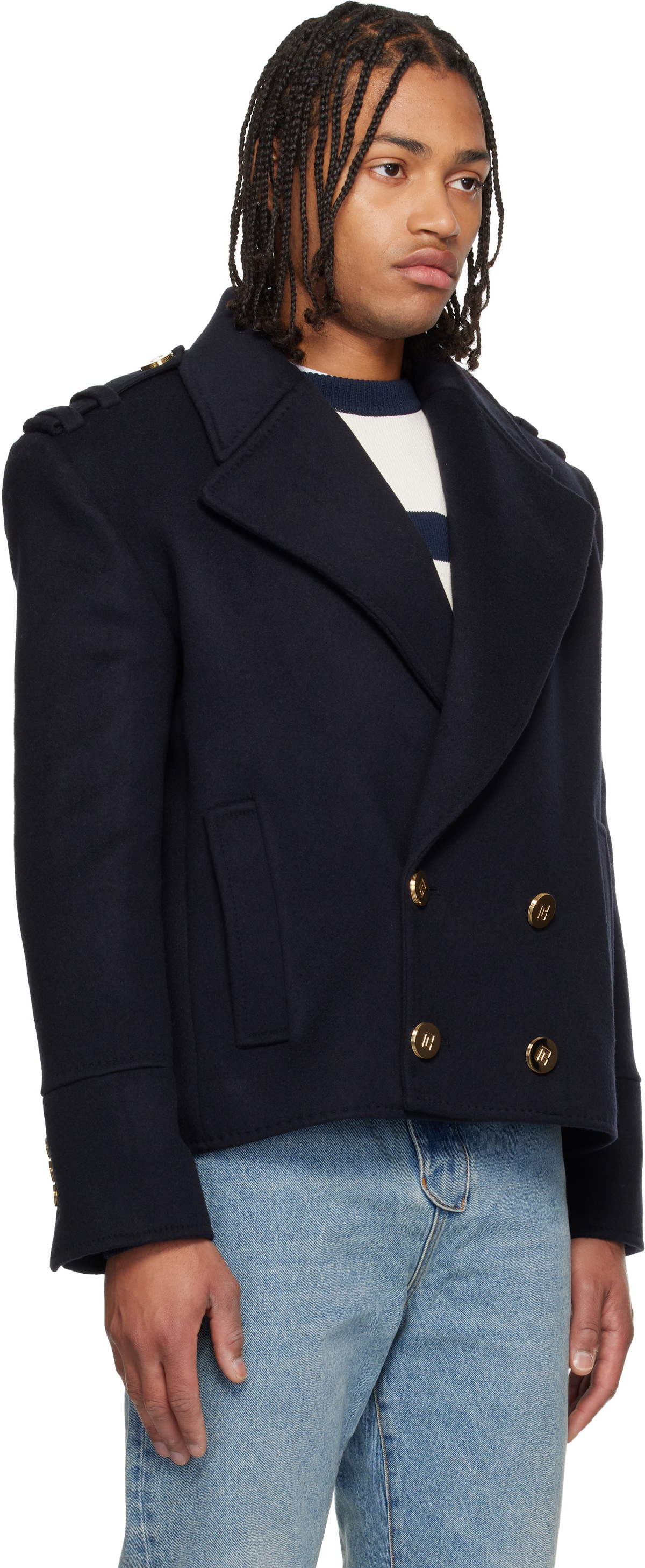 Balmain Navy Cropped Wool Reefer Jacket