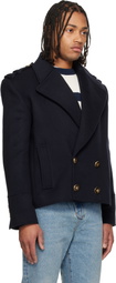 Balmain Navy Cropped Wool Reefer Jacket