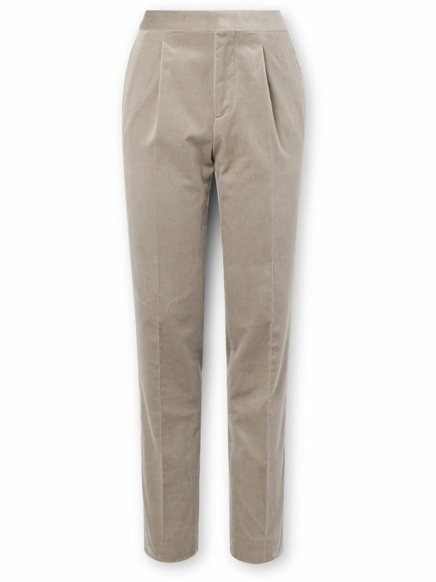 Photo: Brunello Cucinelli - Straight-Leg Pleated Satin-Trimmed Cotton-Velvet Tuxedo Trousers - Neutrals