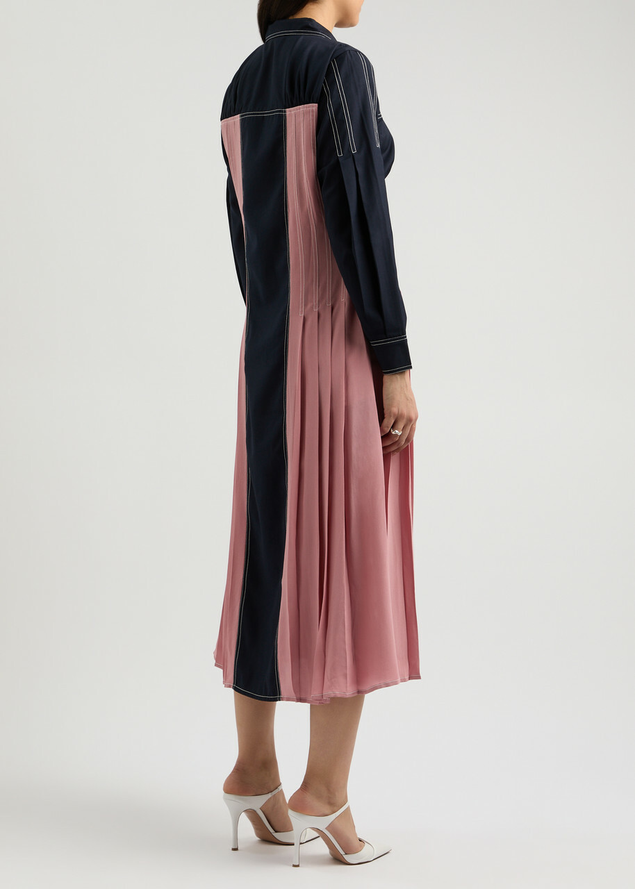 Lovebirds Colour-blocked Silk and Twill Midi Shirt Dress Navy