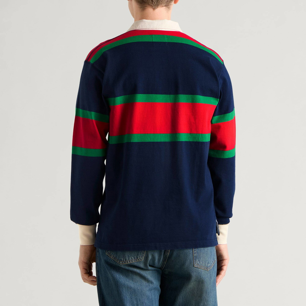 Drake's Men's Middle Stripe Rugby Shirt in Navy/Red/Green