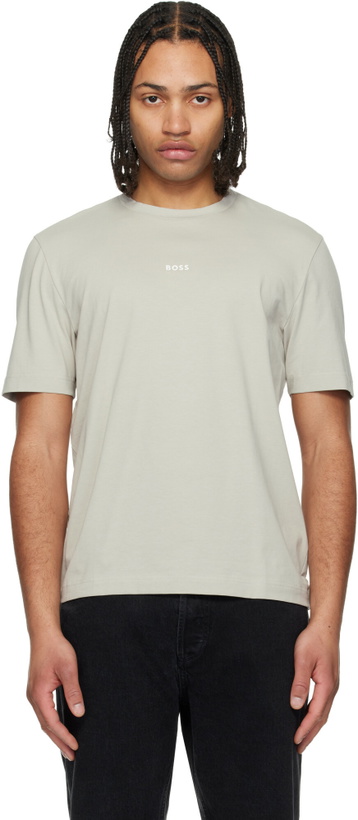 Photo: BOSS Gray Stretch-Cotton Contrast Logo T-shirt