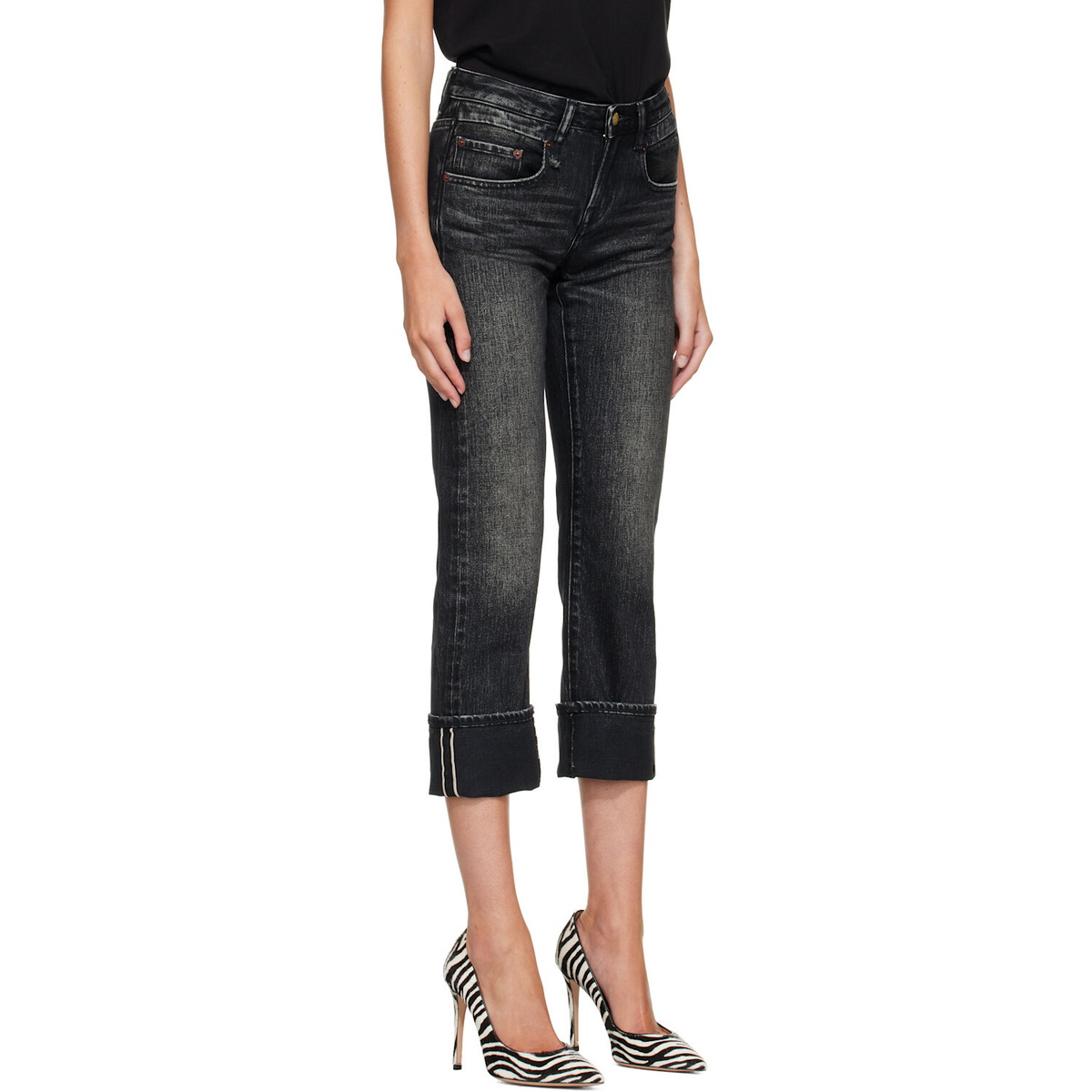 R13 Black Cuffed Boy Straight Jeans