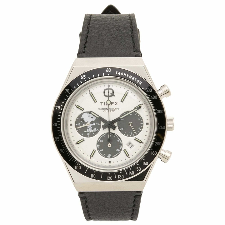 Photo: Timex x Peanuts Q Chrono Watch in Silver/Black 