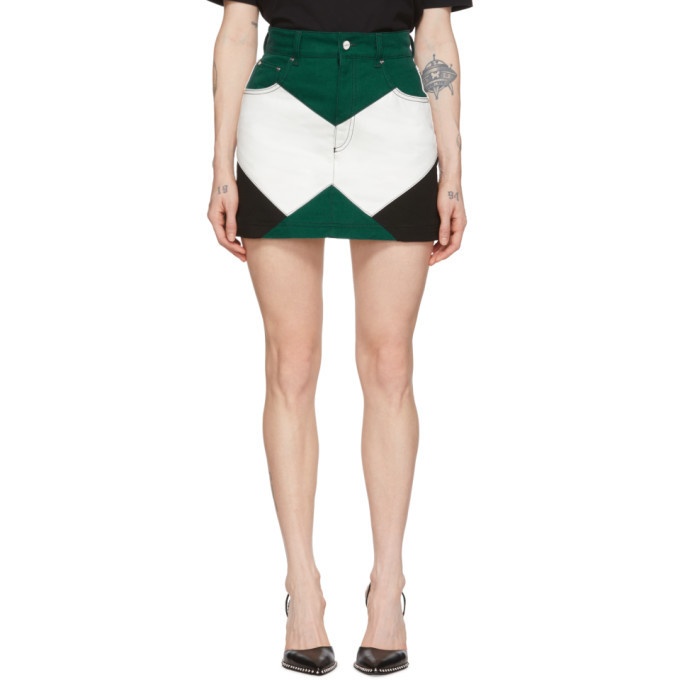 Photo: Kirin Green and White Denim Combo Moto Miniskirt