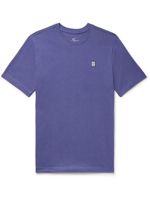 Photo: NIKE TENNIS - NikeCourt Logo-Appliquéd Cotton-Jersey Tennis T-Shirt - Blue