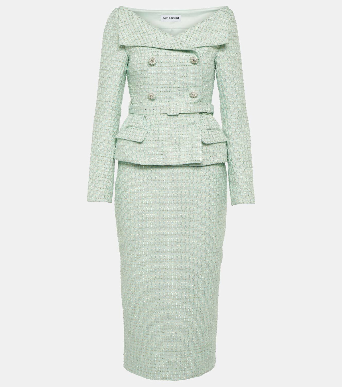 self portrait green boucle dress Self-Portrait Bouclé midi Self-Portrait Boucle mini dress