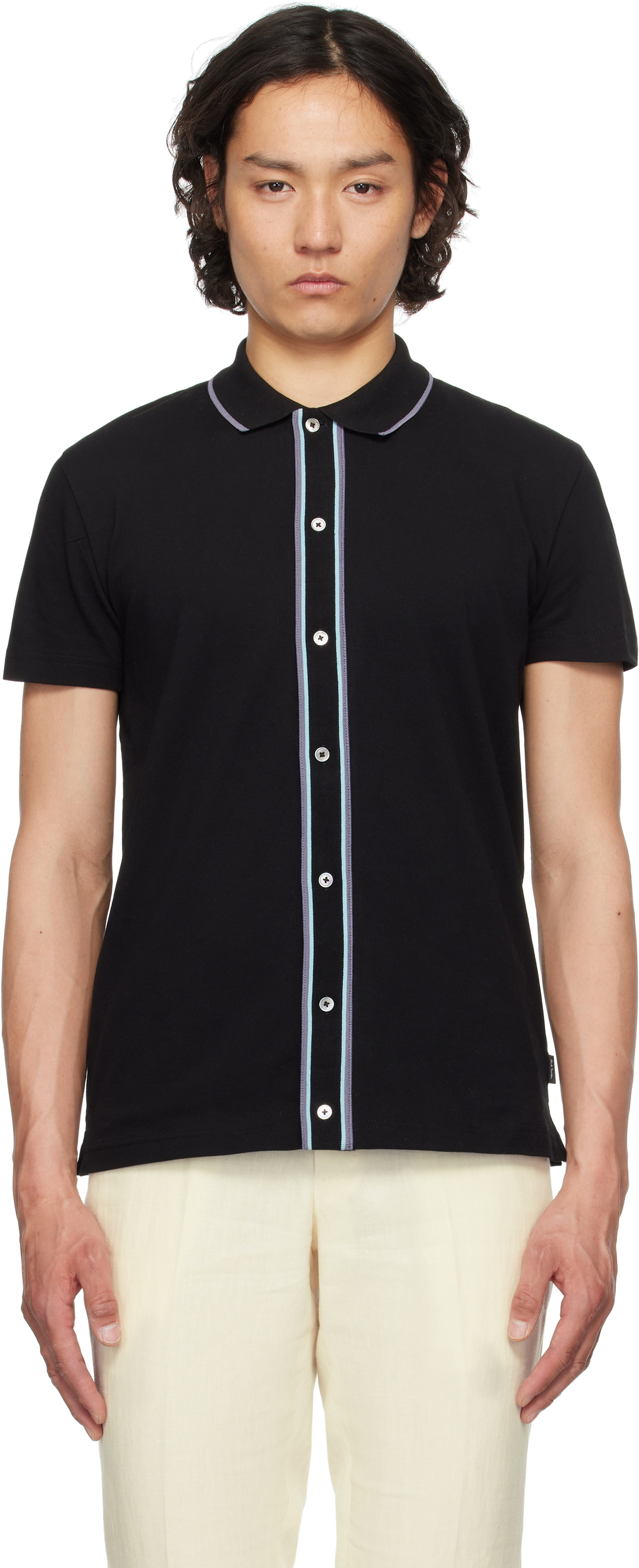 PS by Paul Smith Black Button-Front Stretch-Cotton Polo