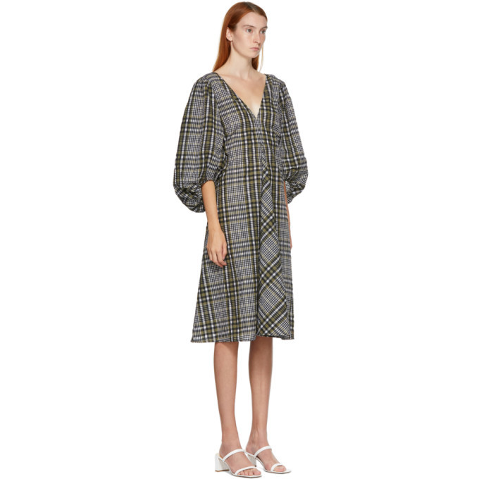 GANNI Green Seersucker Check V-Neck Dress GANNI