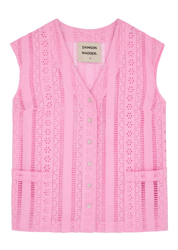 Photo: Damson Madder Alys Broderie Anglaise Cotton Waistcoat Pink