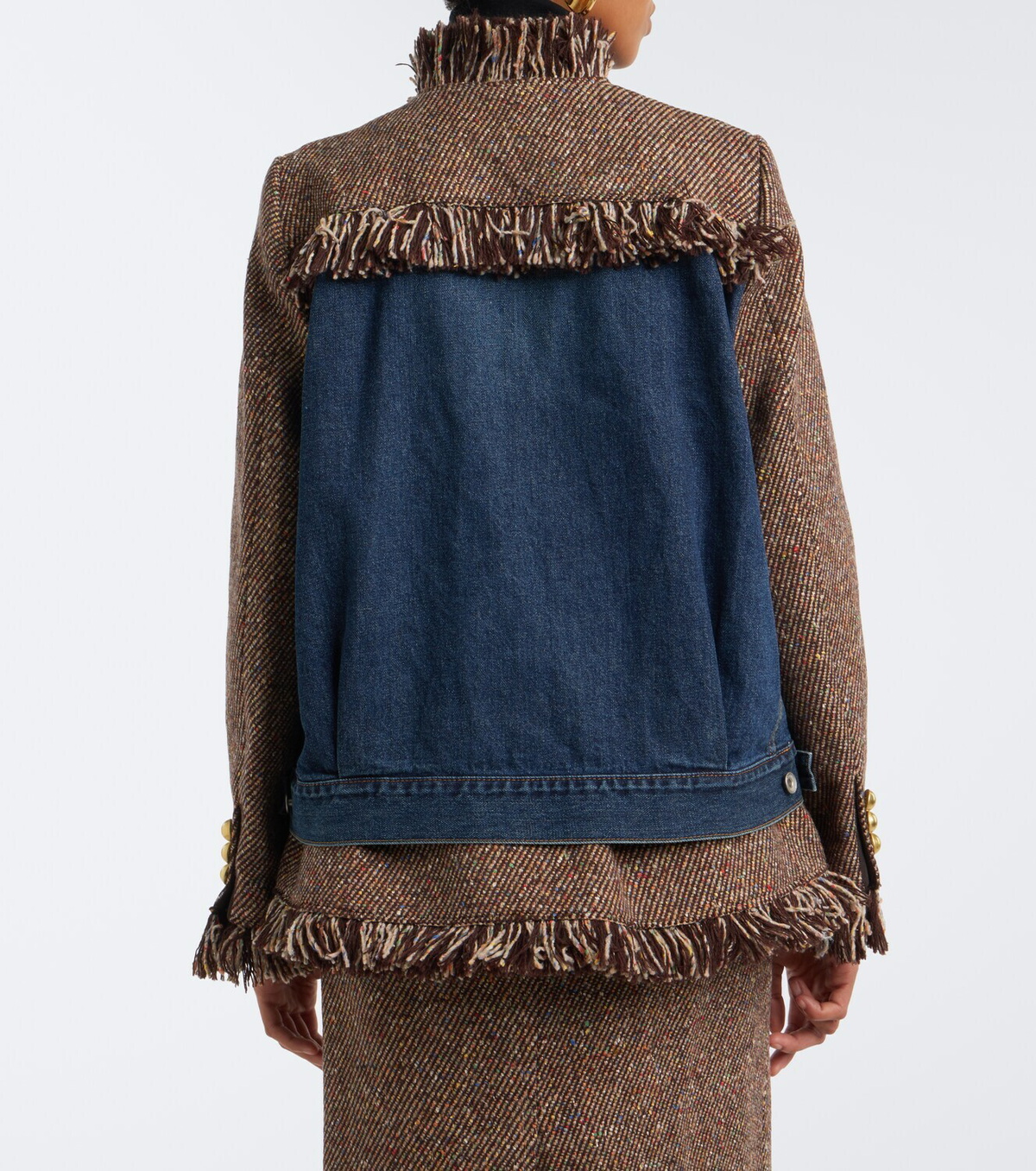 Sacai Fringed tweed and denim jacket