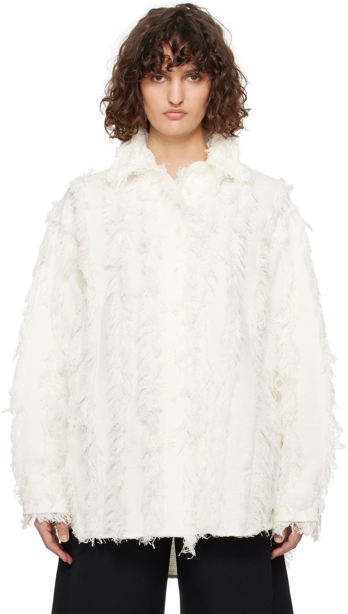 RECTO White Fringe Effect Oversized Shirt