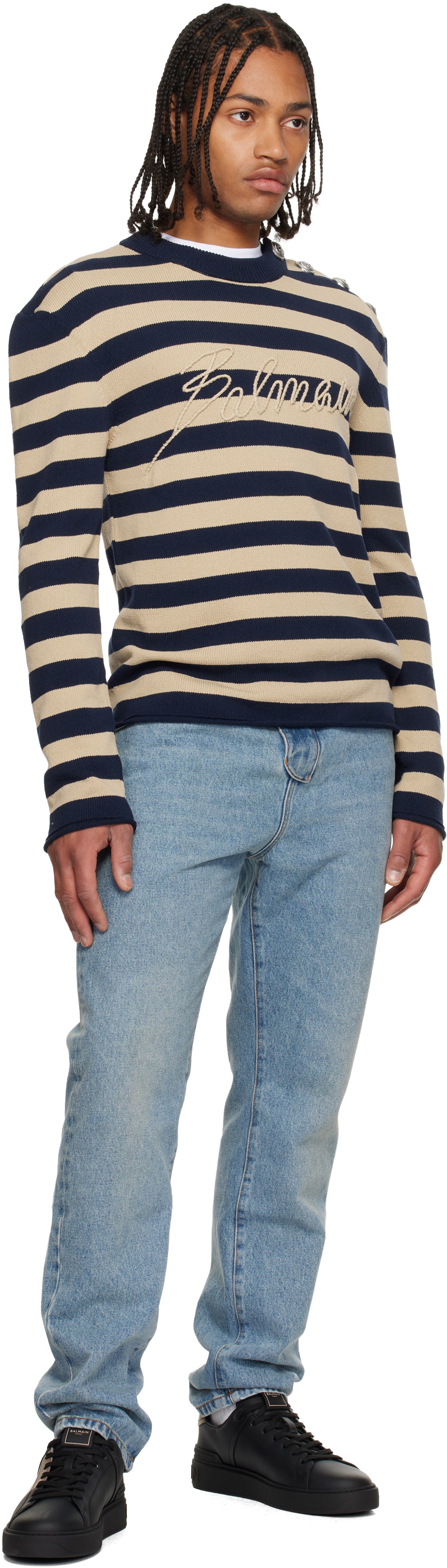 Balmain Navy & Beige 'Balmain' Logo Marinière Sweater