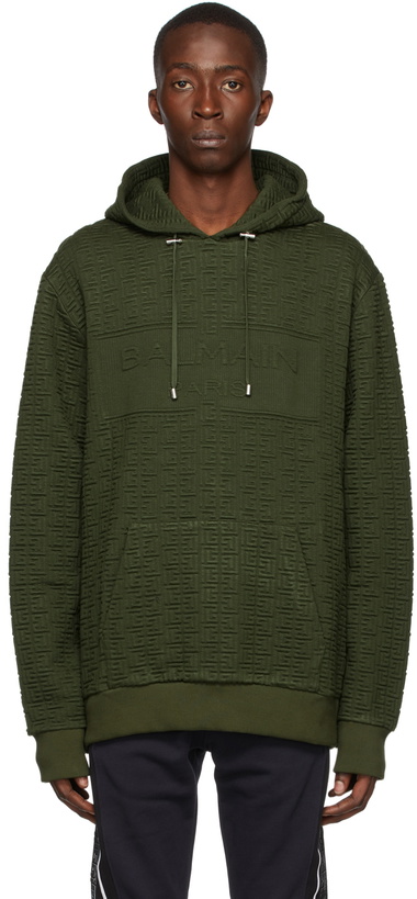 Photo: Balmain Khaki Monogram Textured Hoodie