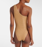 Oséree Embellished one-shoulder lamé swimsuit