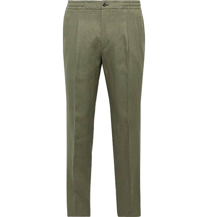 Photo: Rubinacci - Tapered Pleated Linen Drawstring Trousers - Green