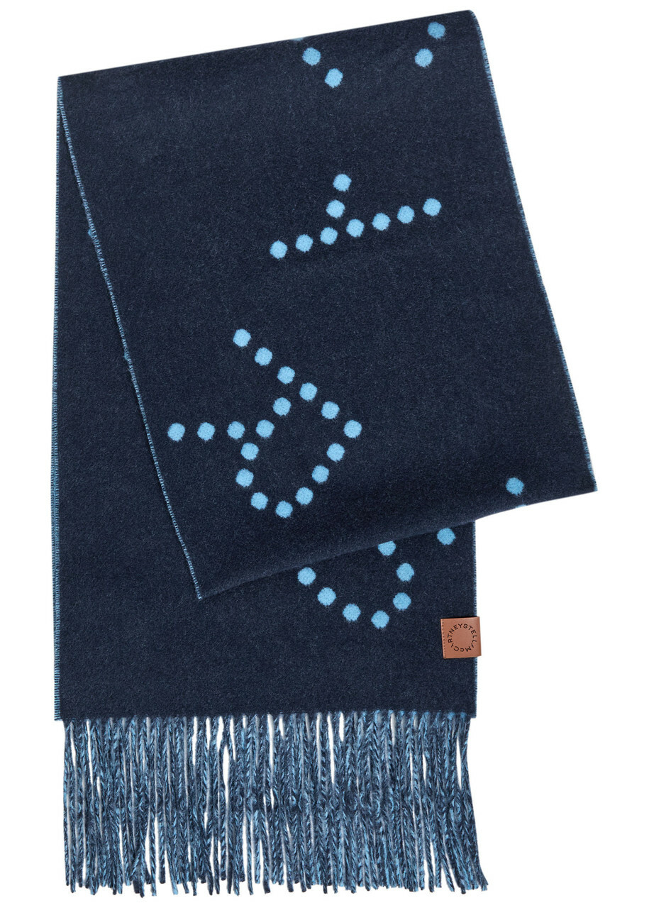 Stella Mccartney Logo Fringed Wool Scarf - Navy - One Size