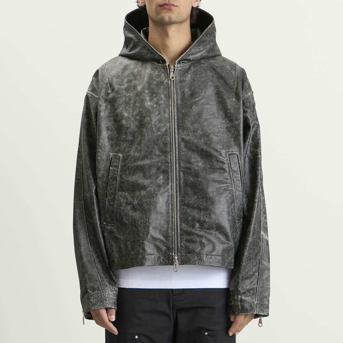 Cole Buxton Men's CB Hooded Leather Jacket in Black