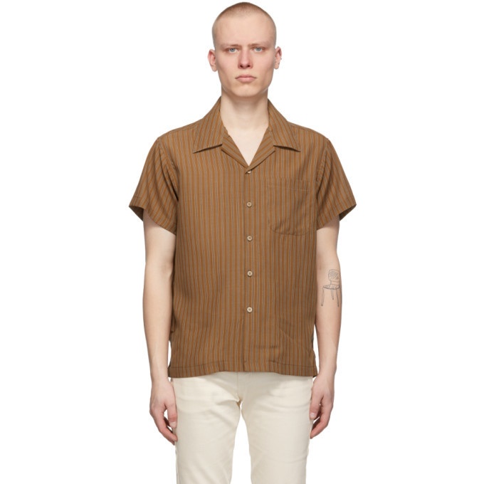 Photo: Naked and Famous Denim Brown Striped Easy Care Twill Short Sleeve Shirt