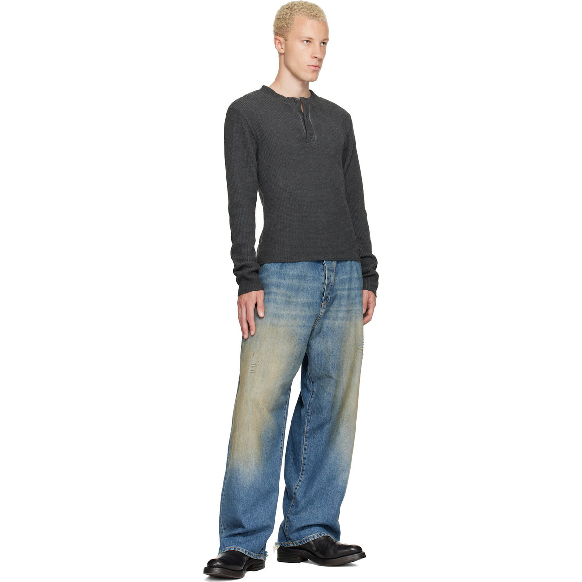 424 Black Long-Sleeve Thermal Jersey Henley