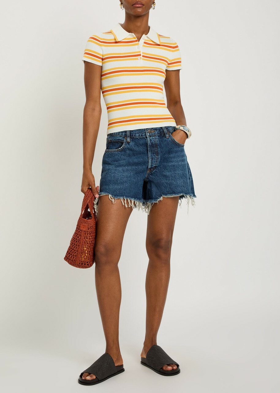 Simkhai Luka Striped Cotton-blend Polo top Yellow