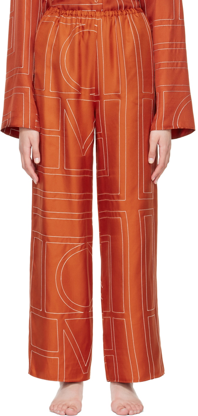 TOTÊME Embroidered Silk-Twill Wide-Leg Pants in Orange