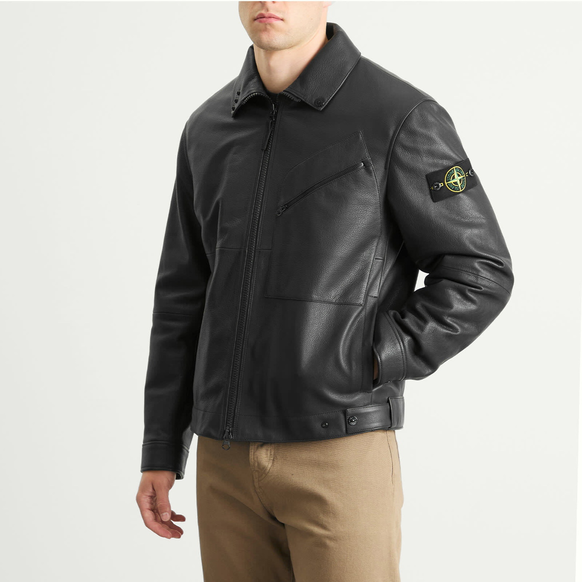 Stone Island Men's PrimaLoft Leather Jacket in Black Stone