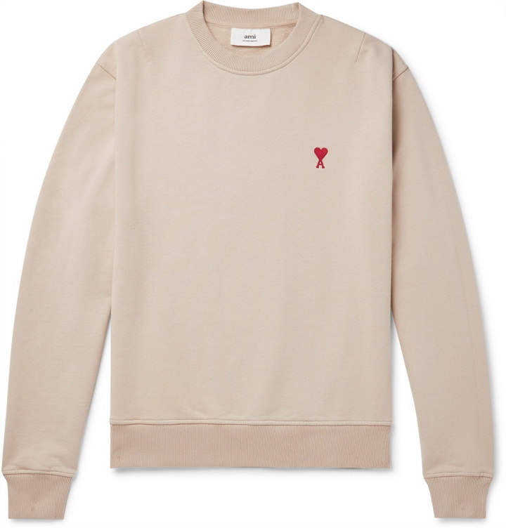 Photo: AMI PARIS - Logo-Embroidered Loopback Cotton-Jersey Sweatshirt - Neutrals