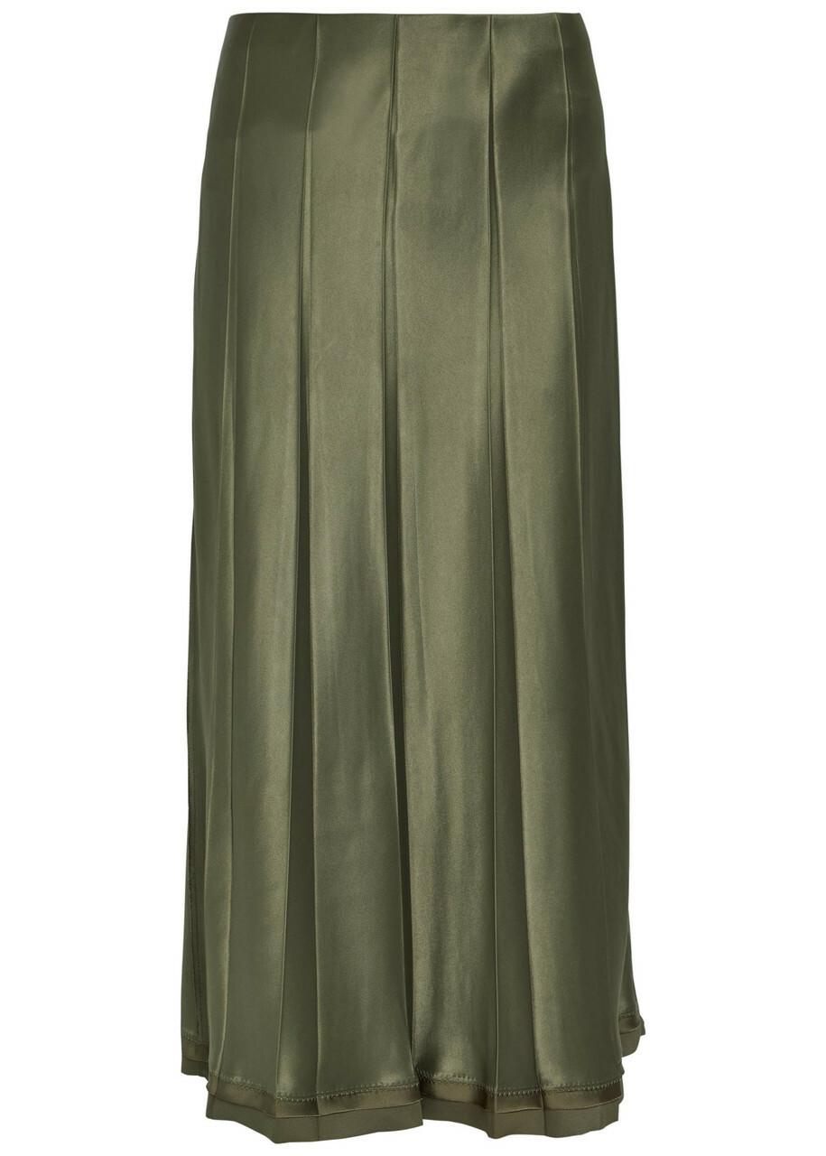 Vince Pleated Satin Midi Skirt Khaki