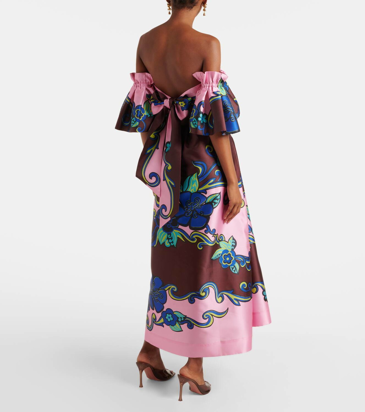 chinese dress ladies Multicolor Floral Printed 100% Cotton Off-Shoulder Maxi Tier Dress 46