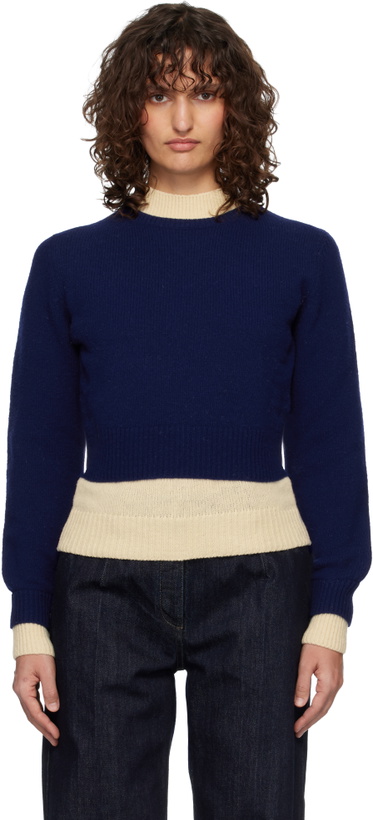Photo: Jil Sander Blue & Off-White Wool Mock-Neck Sweater