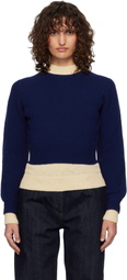 Jil Sander Blue & Off-White Wool Mock-Neck Sweater