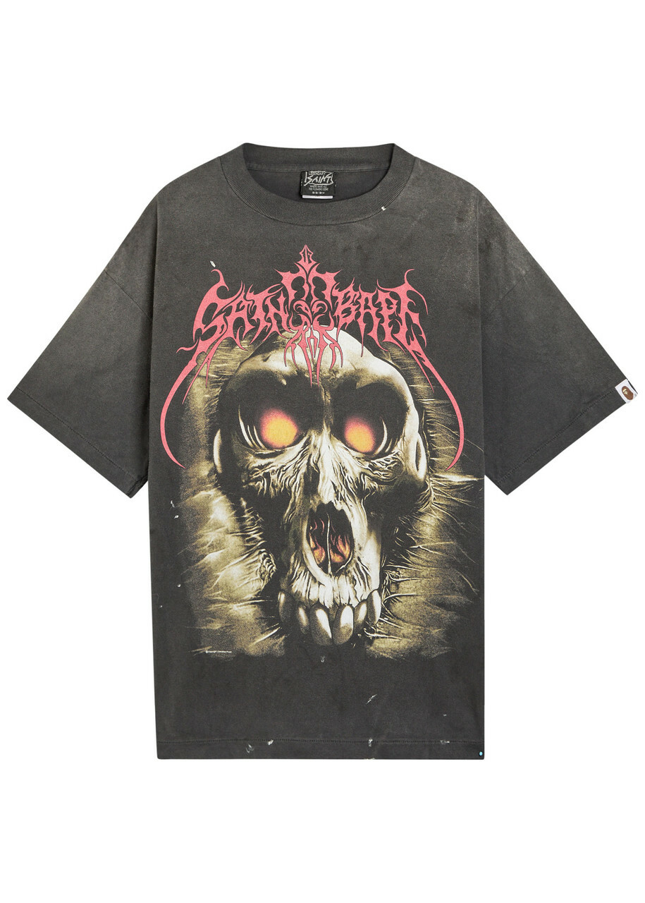SAINT Mxxxxxx - Printed Distressed Cotton-Jersey T-Shirt - Black
