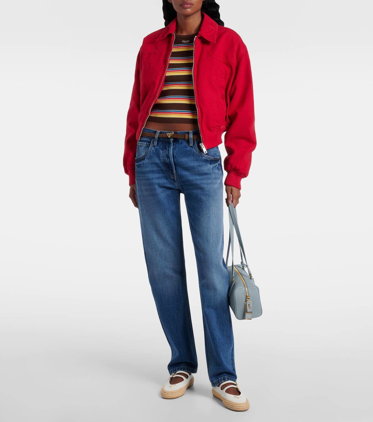 Prada Leather and raffia Mary Jane flats